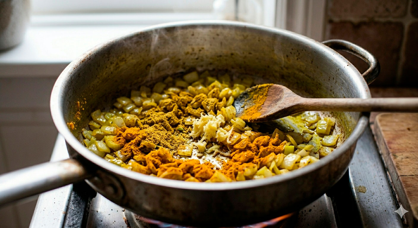Activación de especias de curry en la cazuela para la crema de coliflor al curry suave