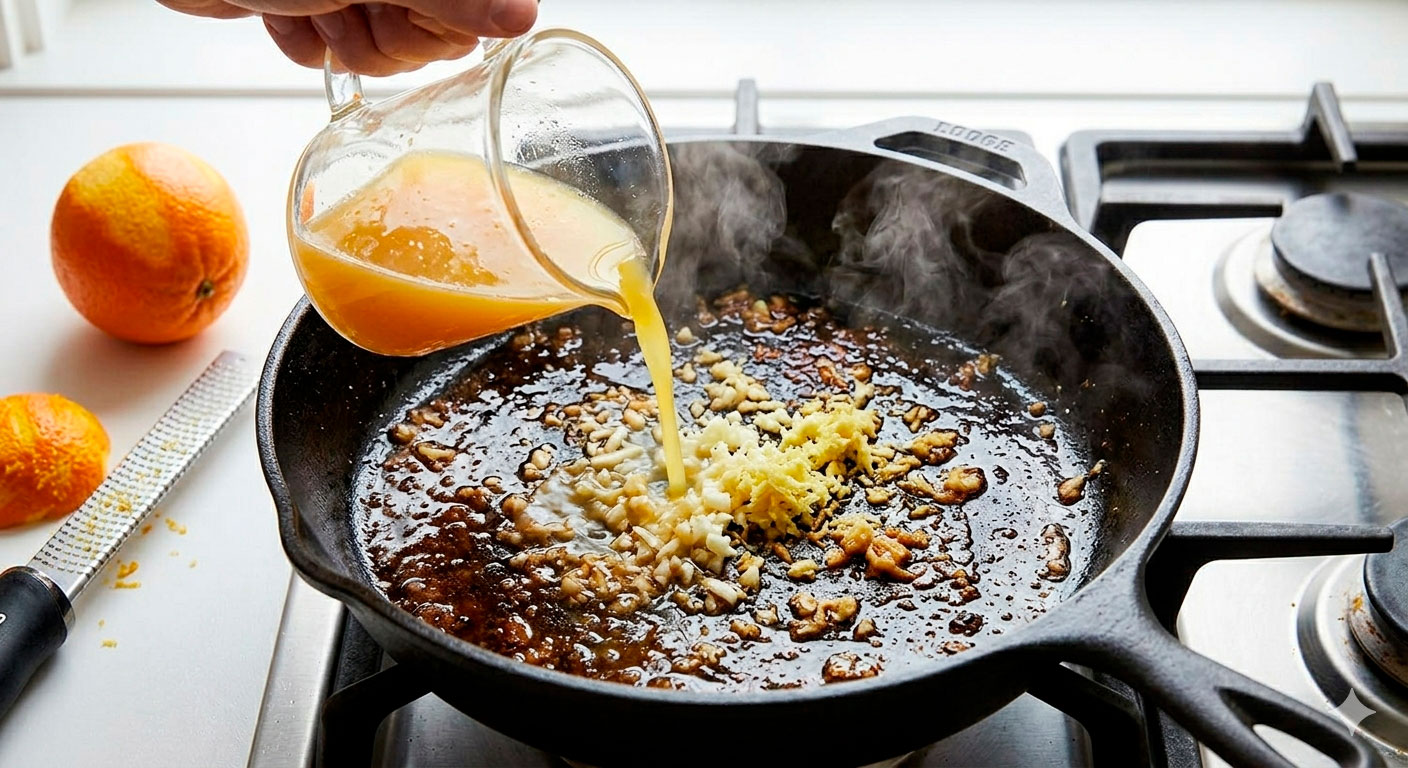 Desglasado de la sartén con zumo de naranja y aromáticos para el Pollo a la Naranja
