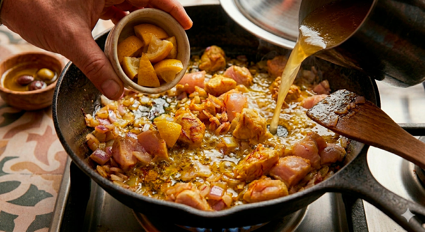 Incorporación de limones encurtidos y caldo al tajine de pollo en cocción