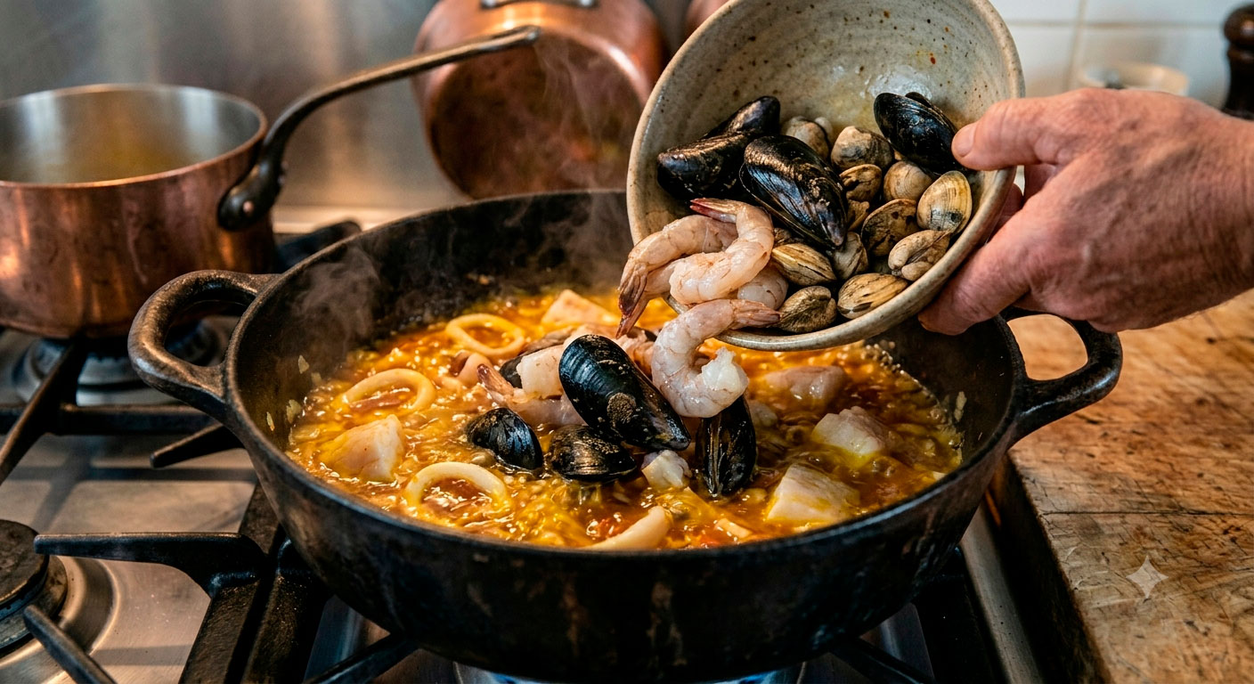 Incorporación de mariscos frescos al caldo de azafrán hirviendo para la sopa de mariscos irresistible