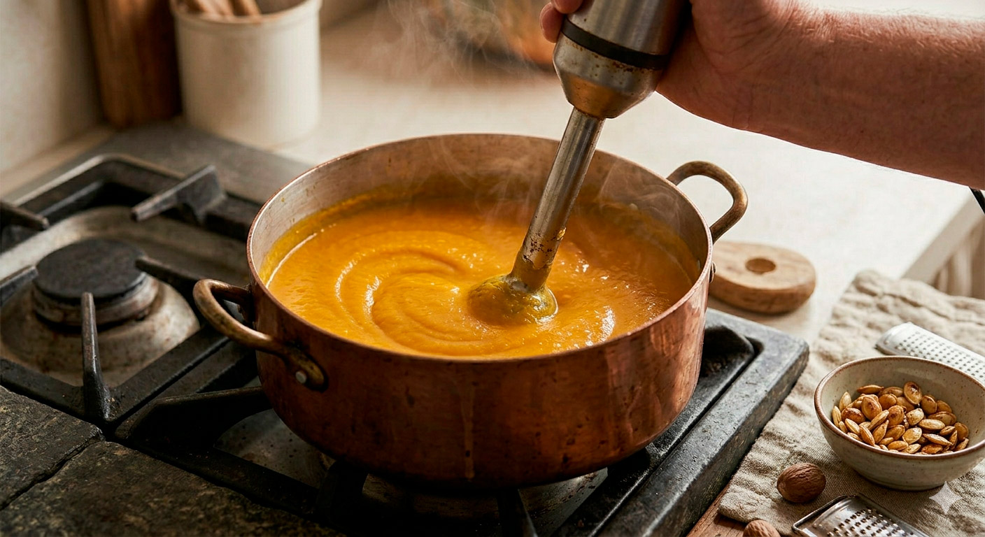 Crema de calabaza de Castilla con pepitas tostadas en proceso de licuado en olla de cobre