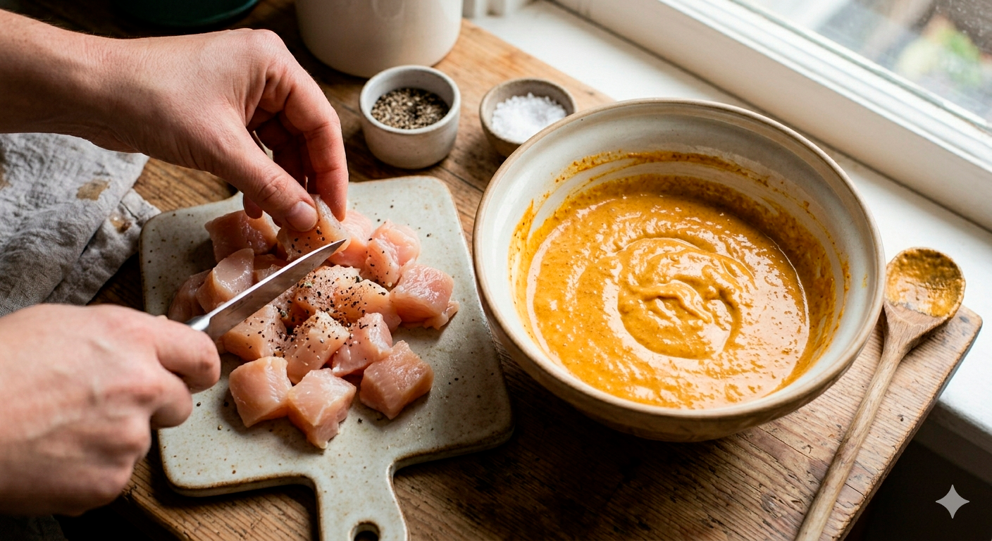 Cubos de pollo preparados y cortados listos para el marinado de yogur griego y Garam Masala
