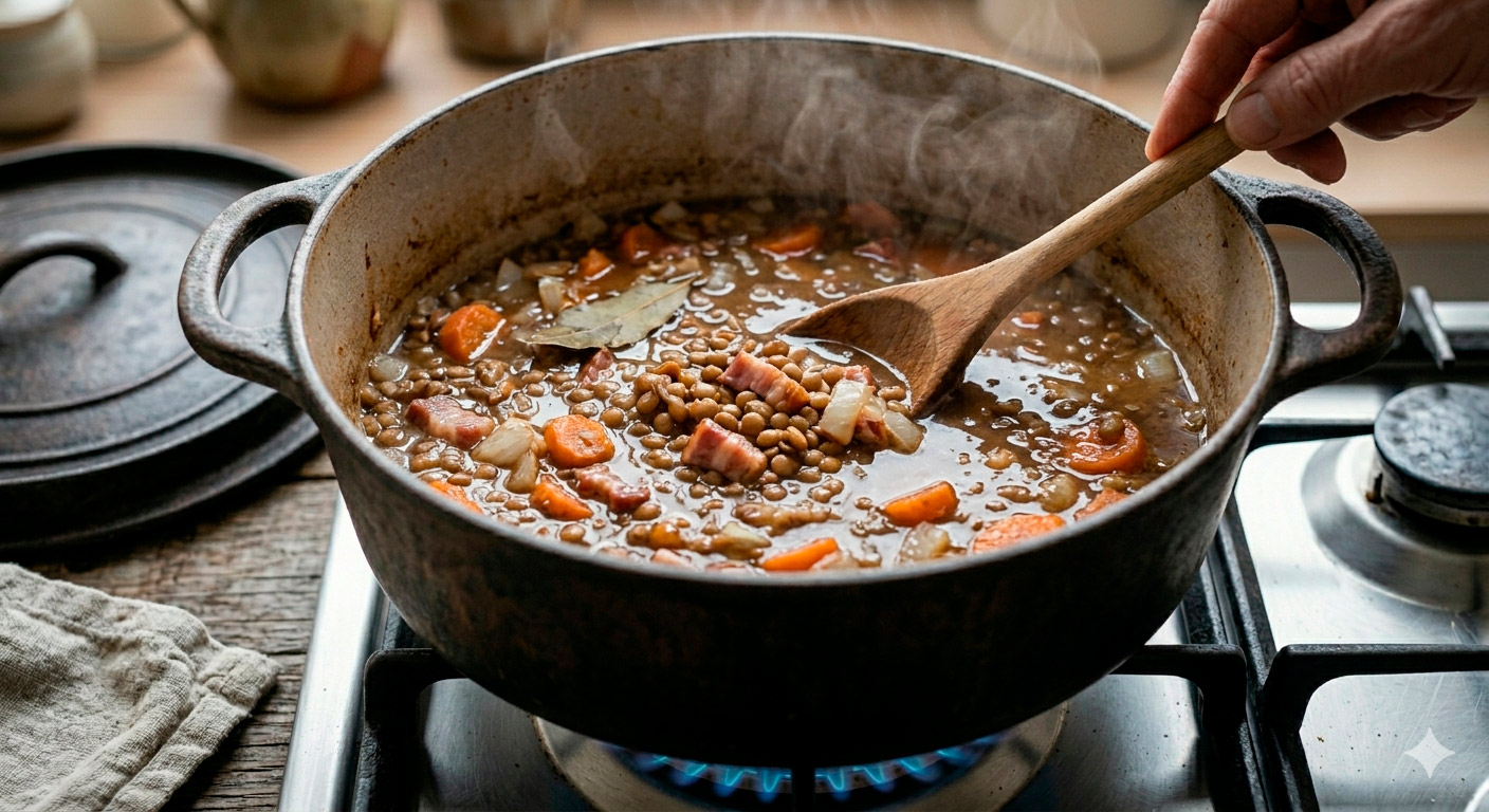 Sopa de lentejas casera con tocino en cocción lenta perfectamente presentada