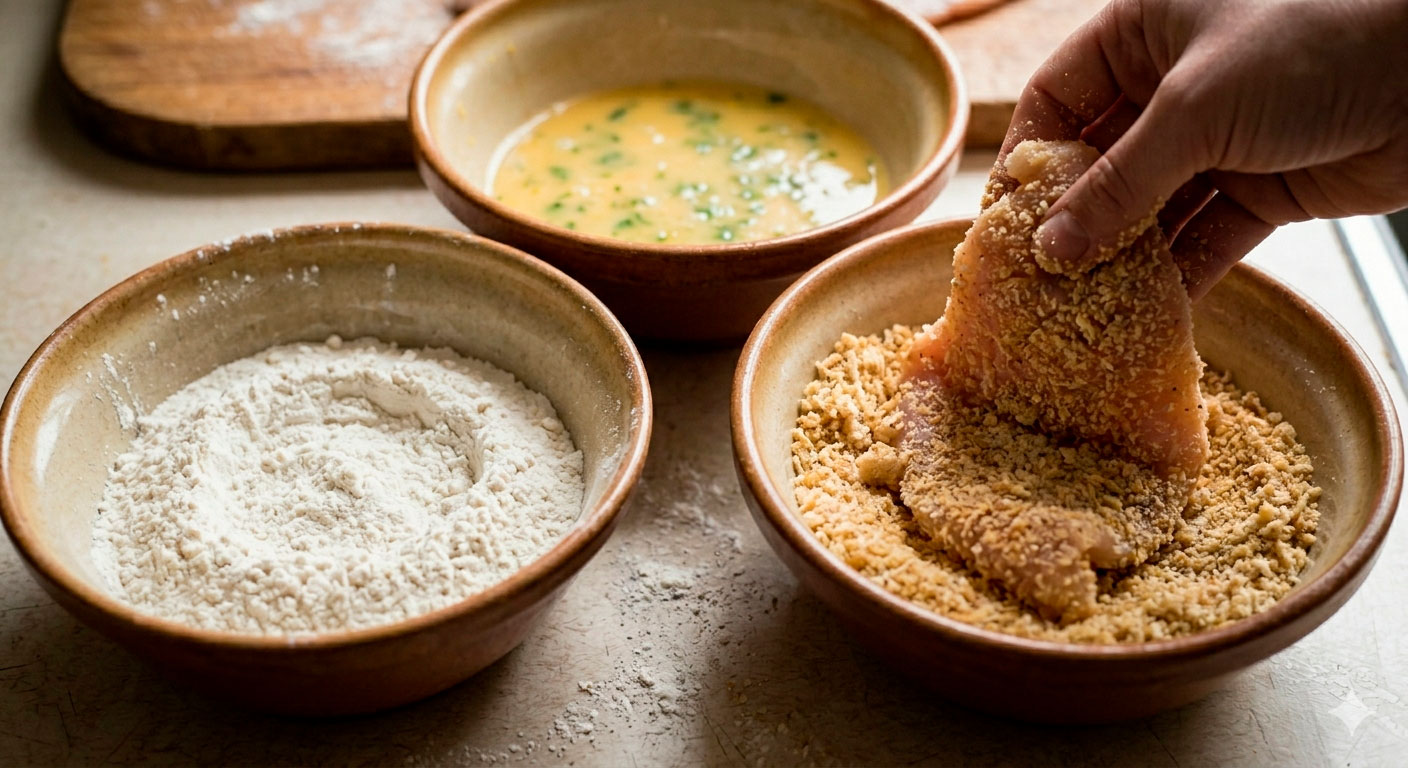 Proceso de empanado en tres pasos para milanesas de pollo con limón y perejil