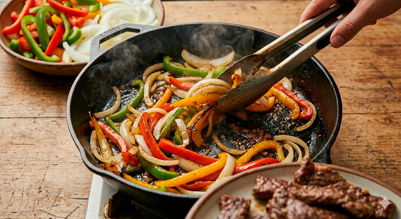 Pimientos y cebollas salteados al dente para fajitas de res con salsa inglesa
