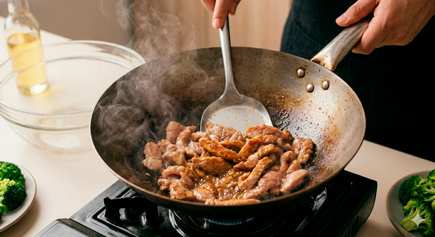 Cerdo marinado sellado a fuego alto en wok, listo para el salteado con brócoli y salsa de ostra
