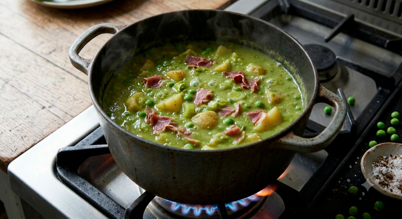 Sopa de guisantes con jamón serrano hirviendo en olla de hierro, proceso de cocción irresistible