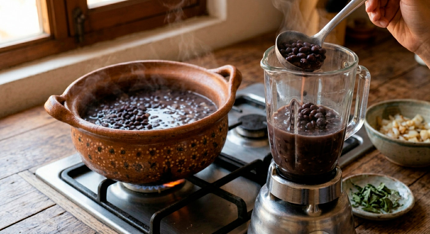 frijoles negros cocidos siendo transferidos a la licuadora para crema de frijol negro nutritiva