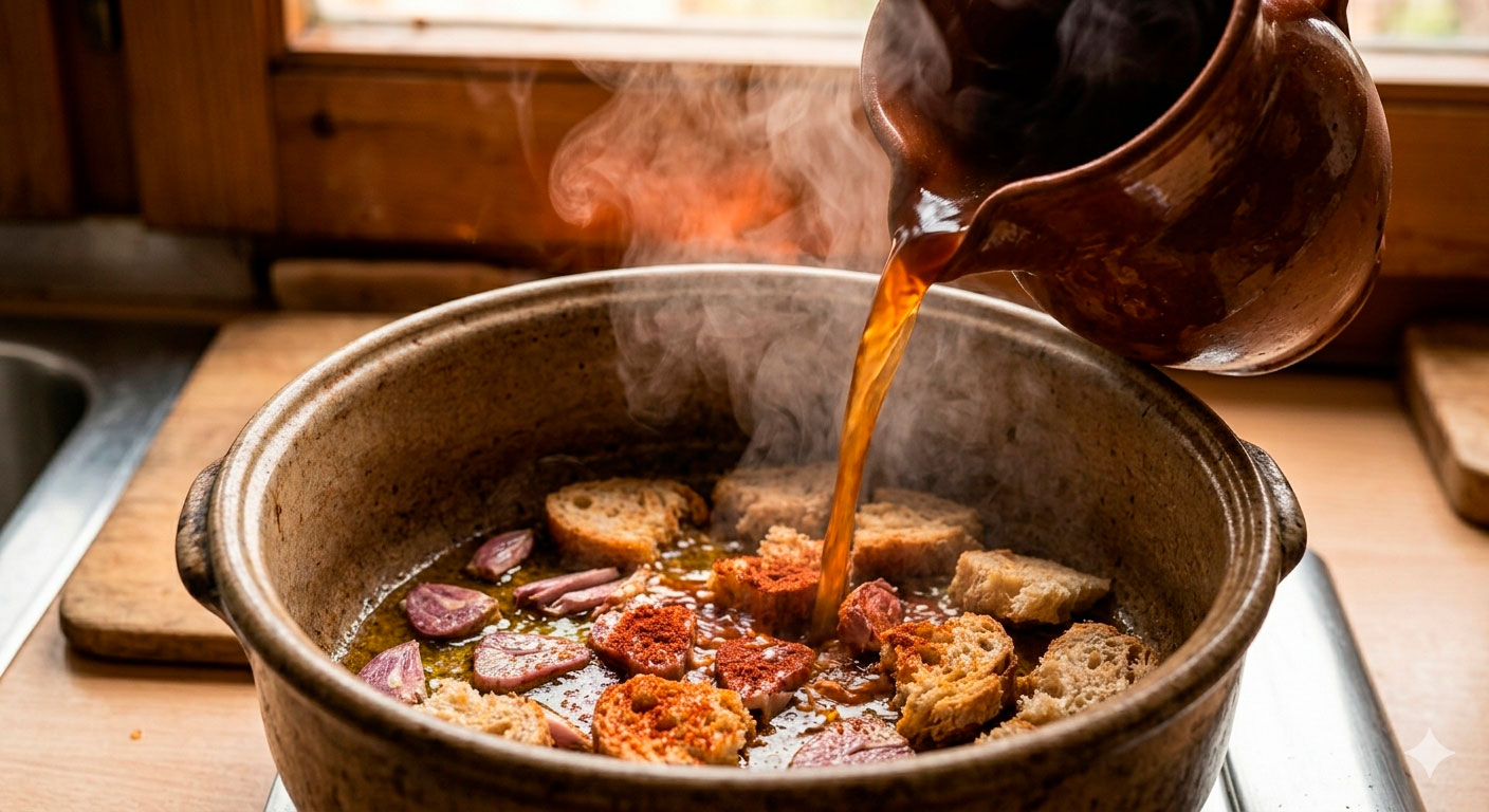 Pouring hot broth over the toasted bread and garlic base in classic irresistible garlic soup