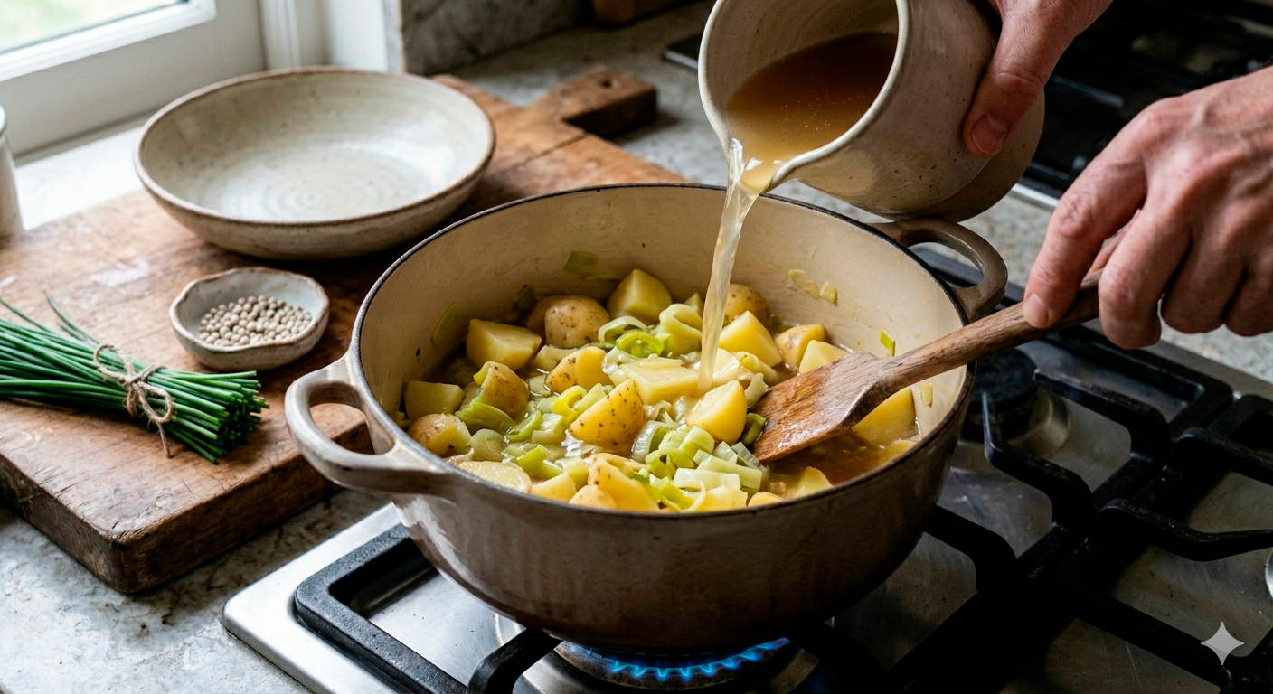 Papas cortadas en cubos añadiéndose al caldo para la crema de papa con puerro y cebollín