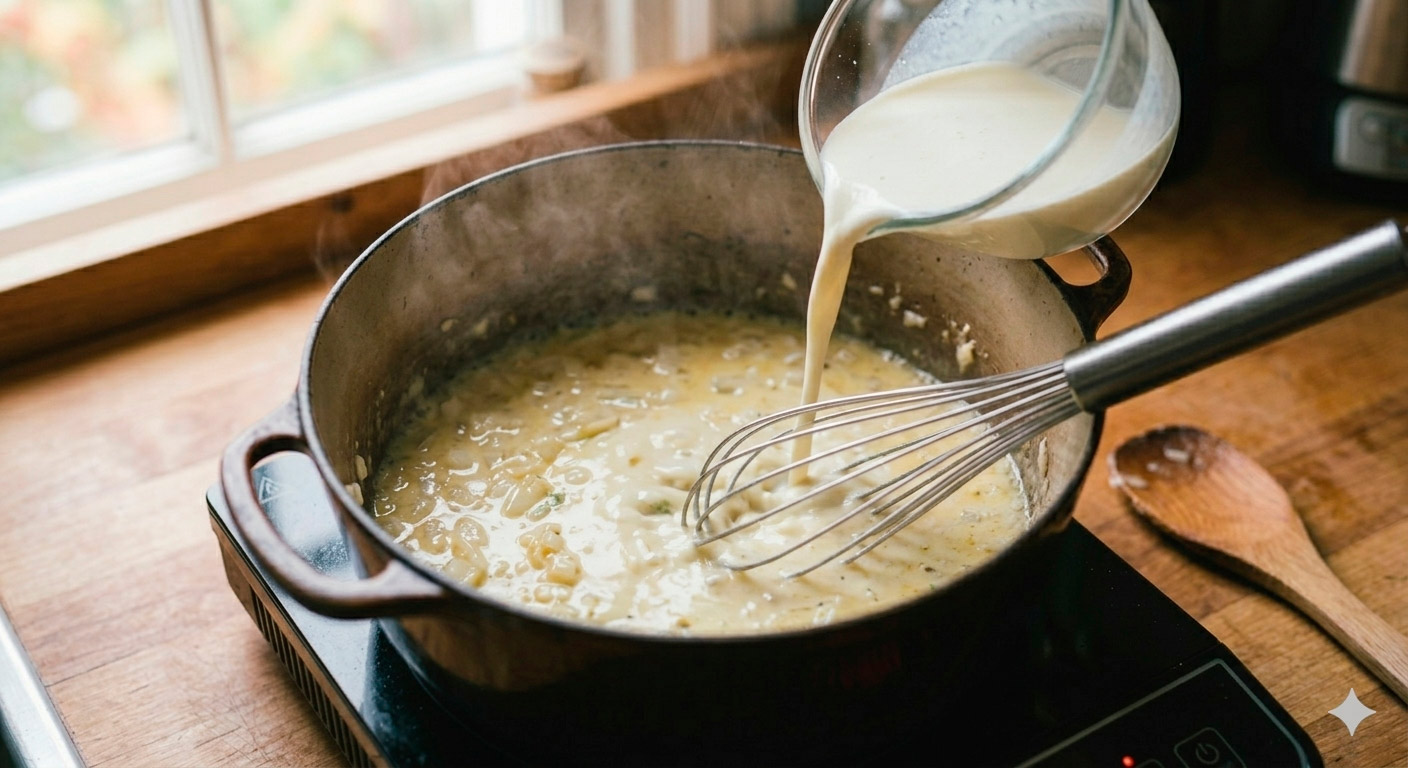 Incorporando leche y crema al roux para obtener la base sedosa de la crema de brócoli irresistible