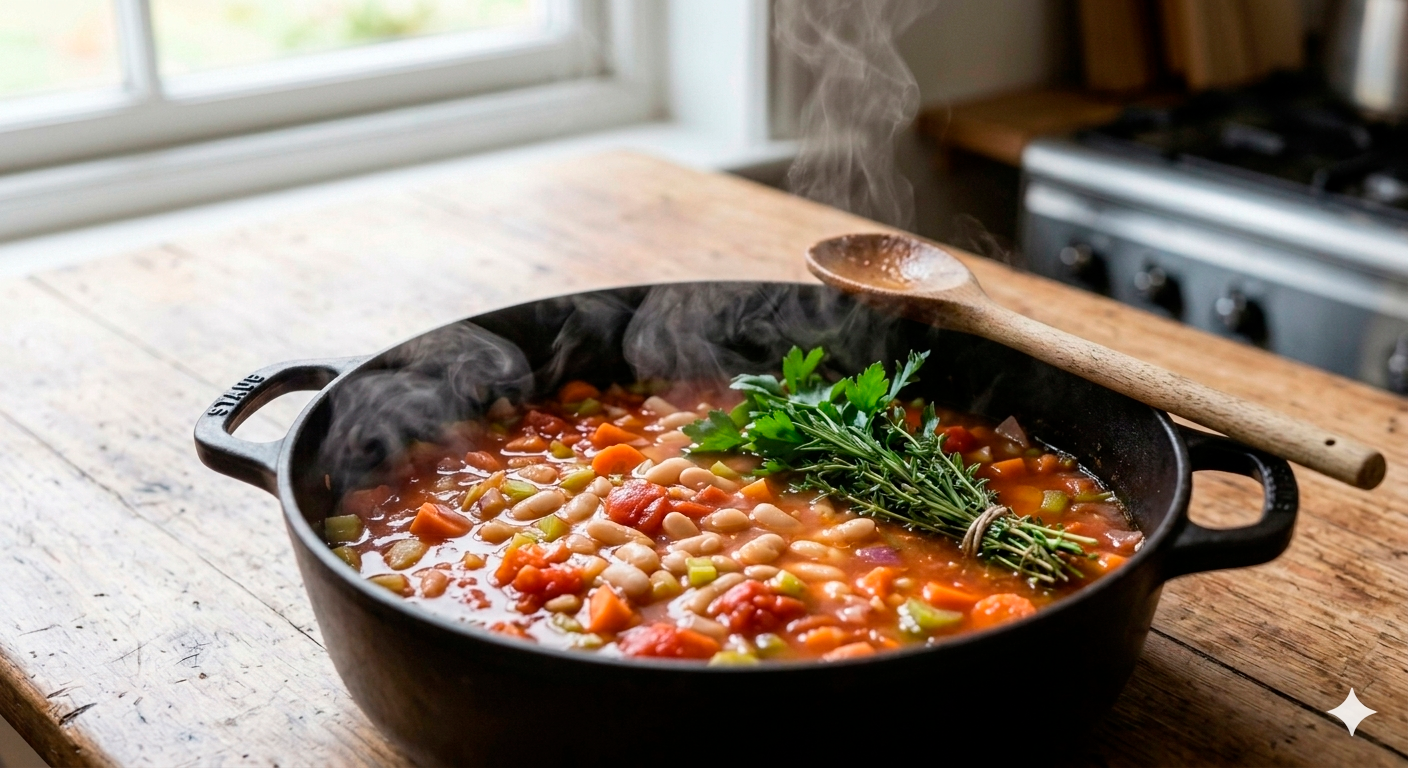 Caldo de tomate y hierbas para sopa minestrone irresistible, perfectamente preparado y listo para servir