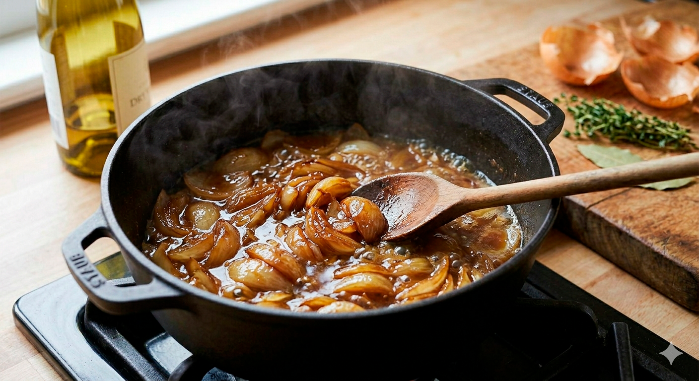 Caramelización profunda de cebollas con caldo en sopa de cebolla francesa