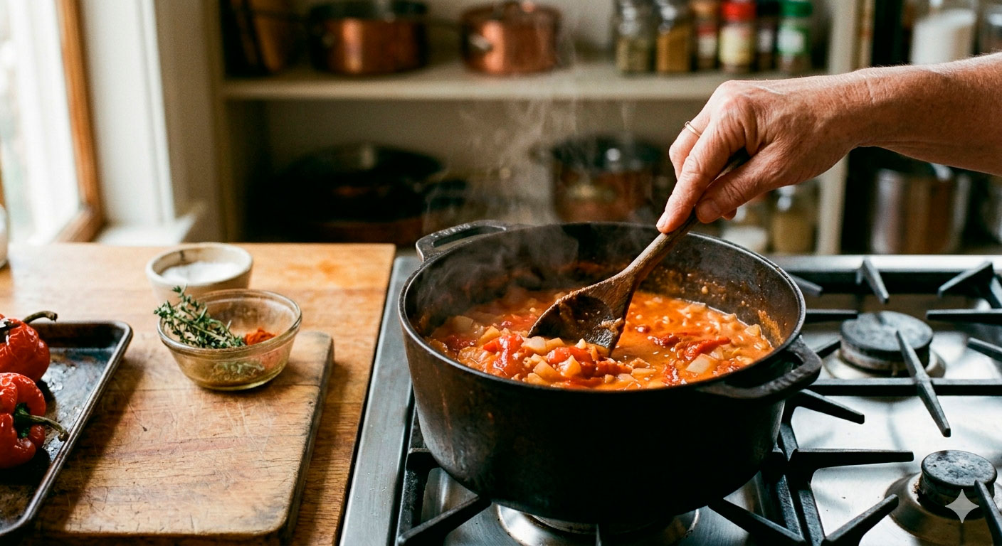 Cocinando la crema de pimiento rojo en olla de hierro