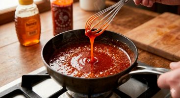 Elaboración de la salsa glaze de Sriracha y miel en sartén pequeña a fuego bajo