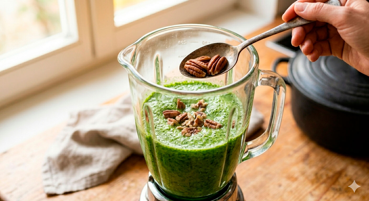 Licuado esmeralda de cilantro blanqueado para crema de cilantro con nuez — paso clave