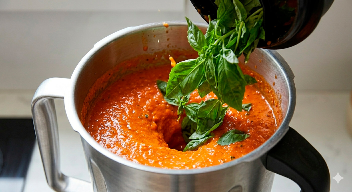 Licuado de sopa de tomate rostizado con albahaca fresca recién añadida
