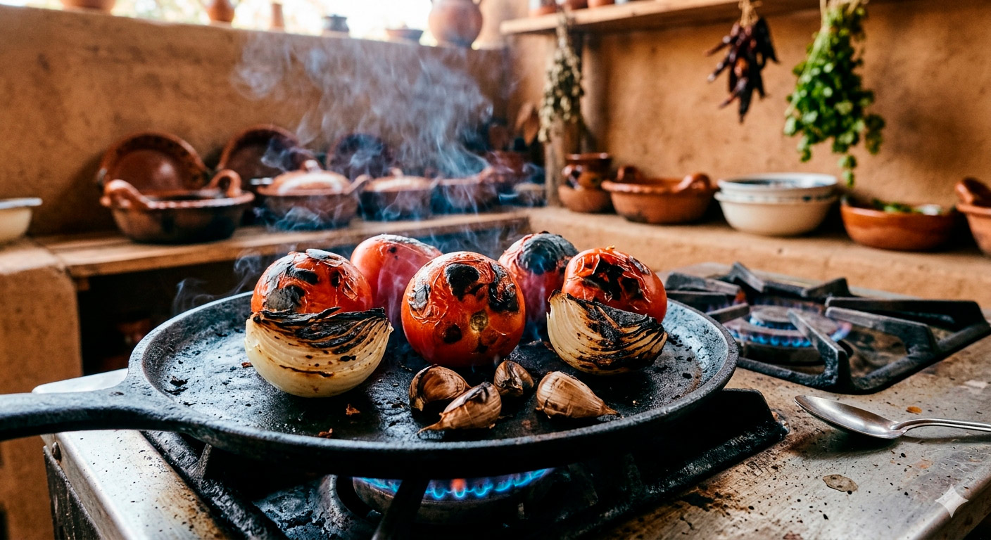 Jitomates, cebolla y ajo tatemados en comal para la base de sopa de tortilla tradicional