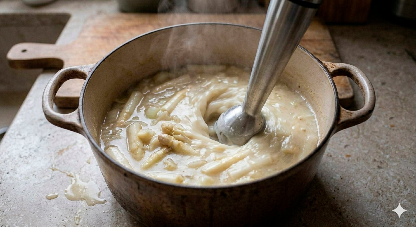 Triturado sedoso de la crema de espárragos blancos con trufa en batidora de mano