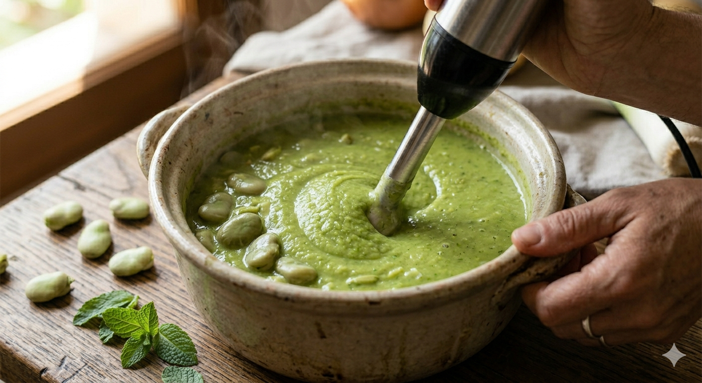 Triturado de la sopa de habas tiernas con menta con batidora de mano para obtener crema verde