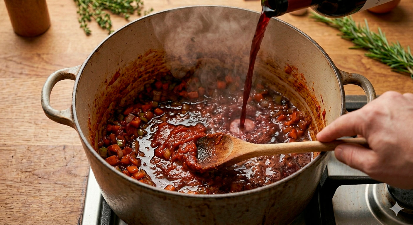 Desglasado con vino tinto y pasta de tomate en la preparación del ossobuco