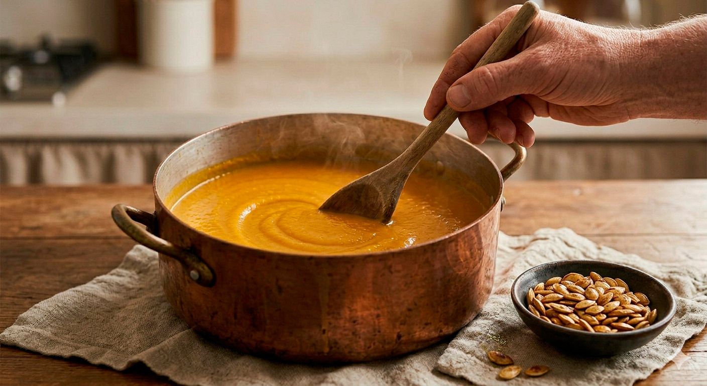 Crema de calabaza de Castilla en fase final de preparación, agregando el toque de pepitas tostadas