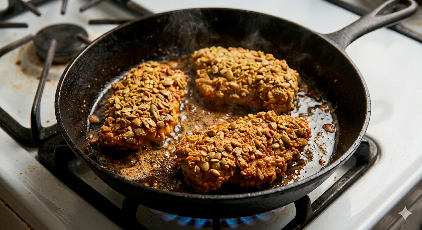 Pechugas de pollo con costra de pepitas cocinando en sartén de hierro fundido