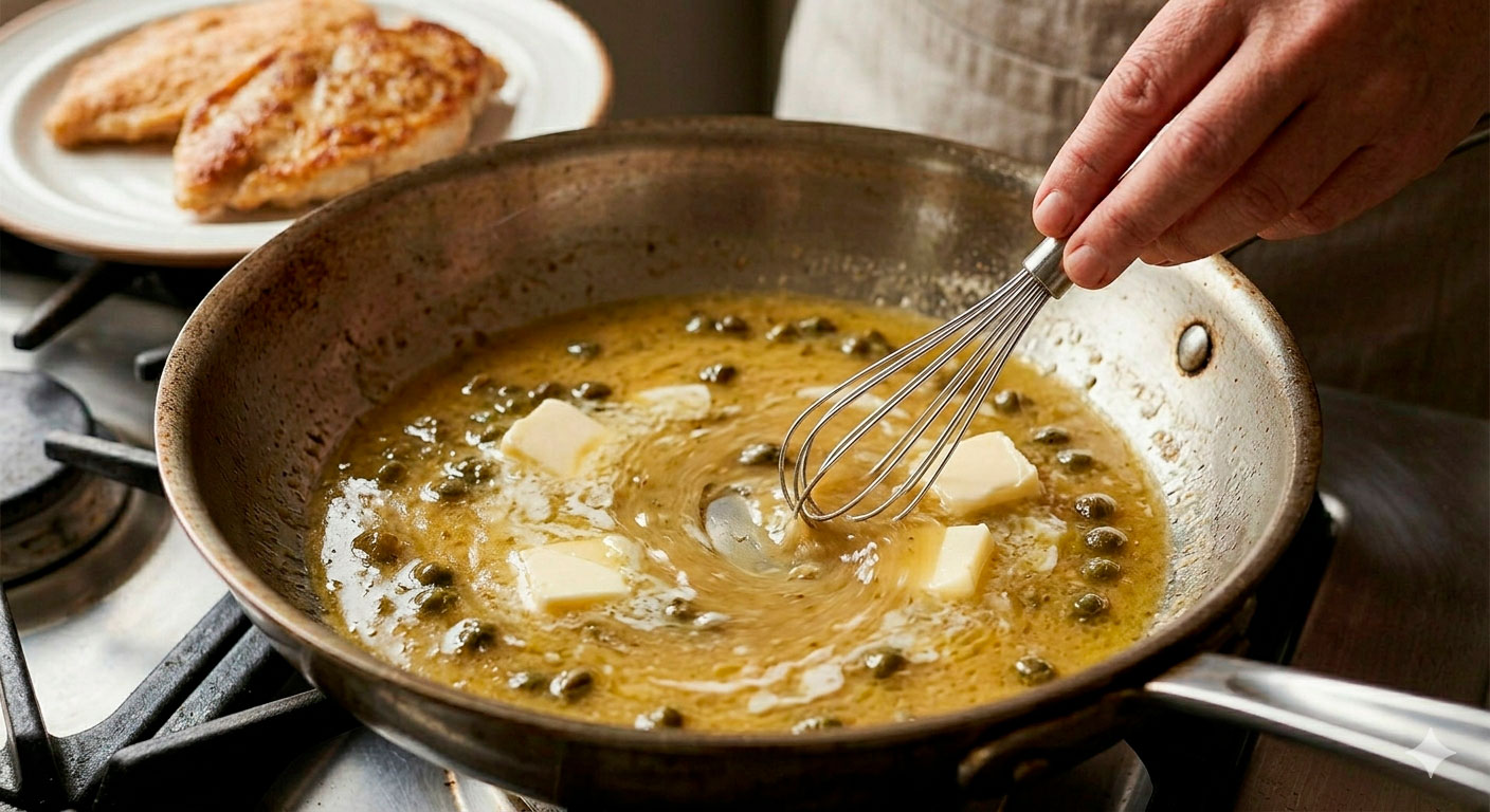 Piccata de Pollo con Limón y Alcaparras en fase final de emulsión de la salsa