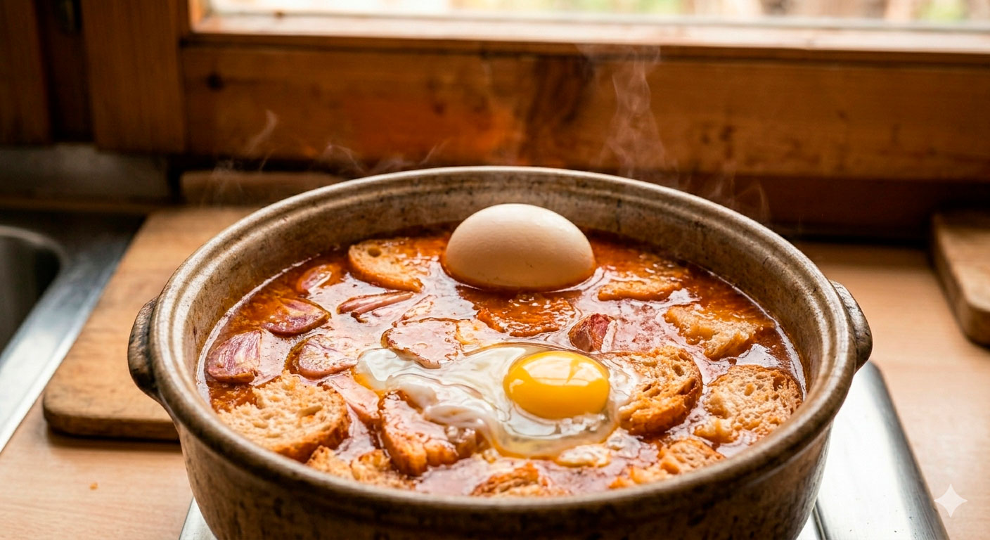 Egg poaching in classic irresistible garlic soup, showing its nutritional value