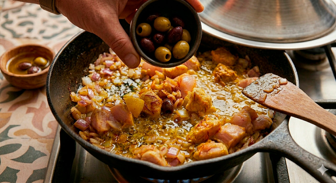 Aceitunas verdes siendo añadidas al tajine de pollo con limón encurtido durante la cocción