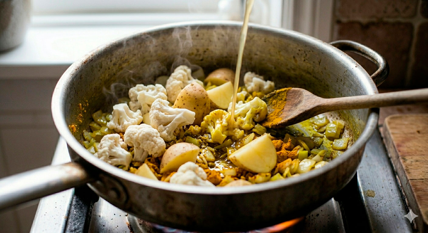 Coliflor y papas incorporadas a la cazuela especiada para la crema de coliflor al curry suave