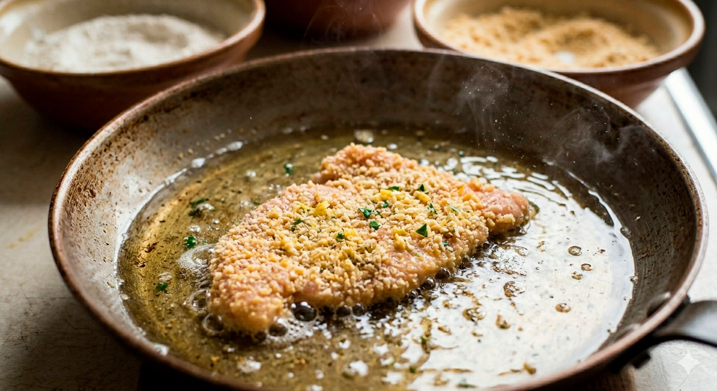 Milanesas de pollo con limón y perejil en fase de cocción dorada en sartén