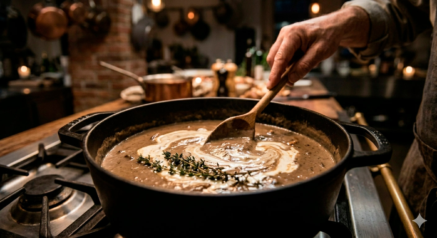 Incorporación de la crema de leche espesa a la crema de champiñones silvestres al tomillo para lograr textura aterciopelada