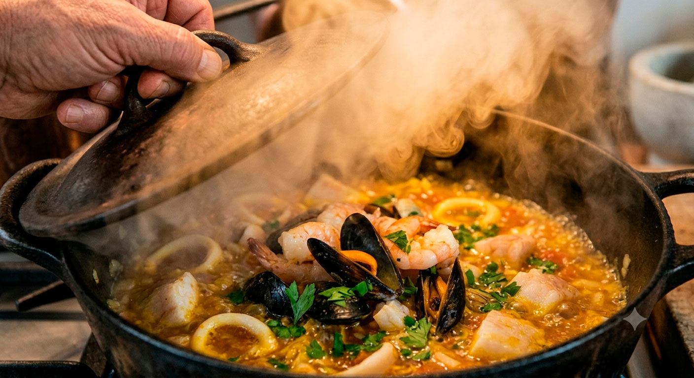 Momento de levantar la tapa y liberar el vapor aromático de azafrán de la sopa de mariscos