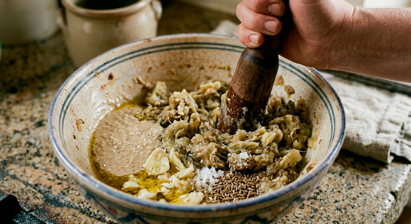 Crema de berenjena ahumada con sésamo en fase final de mezcla, casi lista