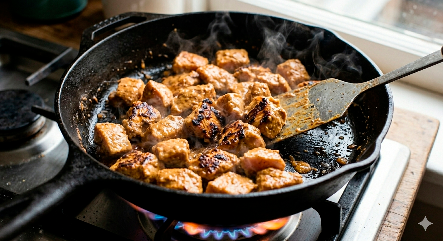 Pollo Marinado en Yogur Griego sisando en sartén de hierro fundido a fuego alto