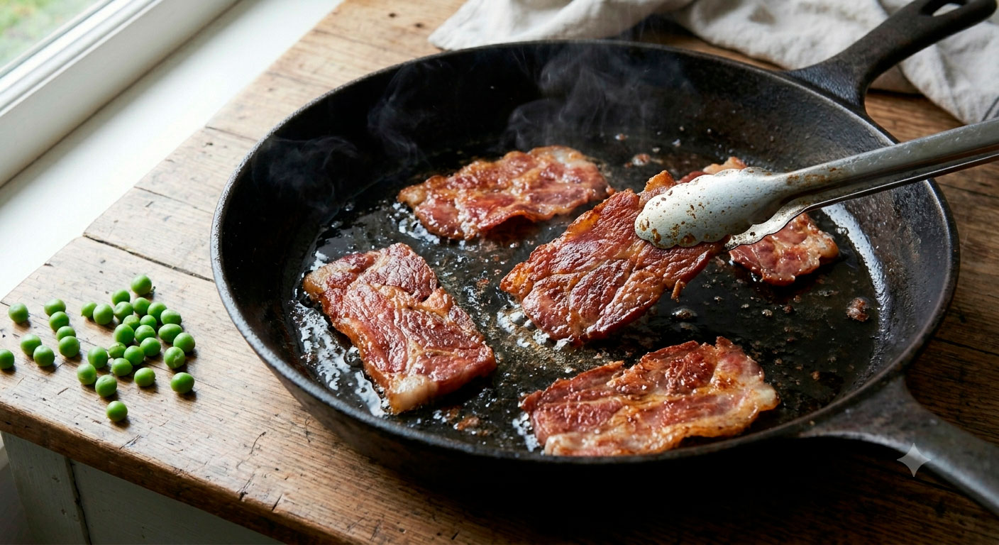 Preparación del crujiente de jamón serrano para la sopa de guisantes