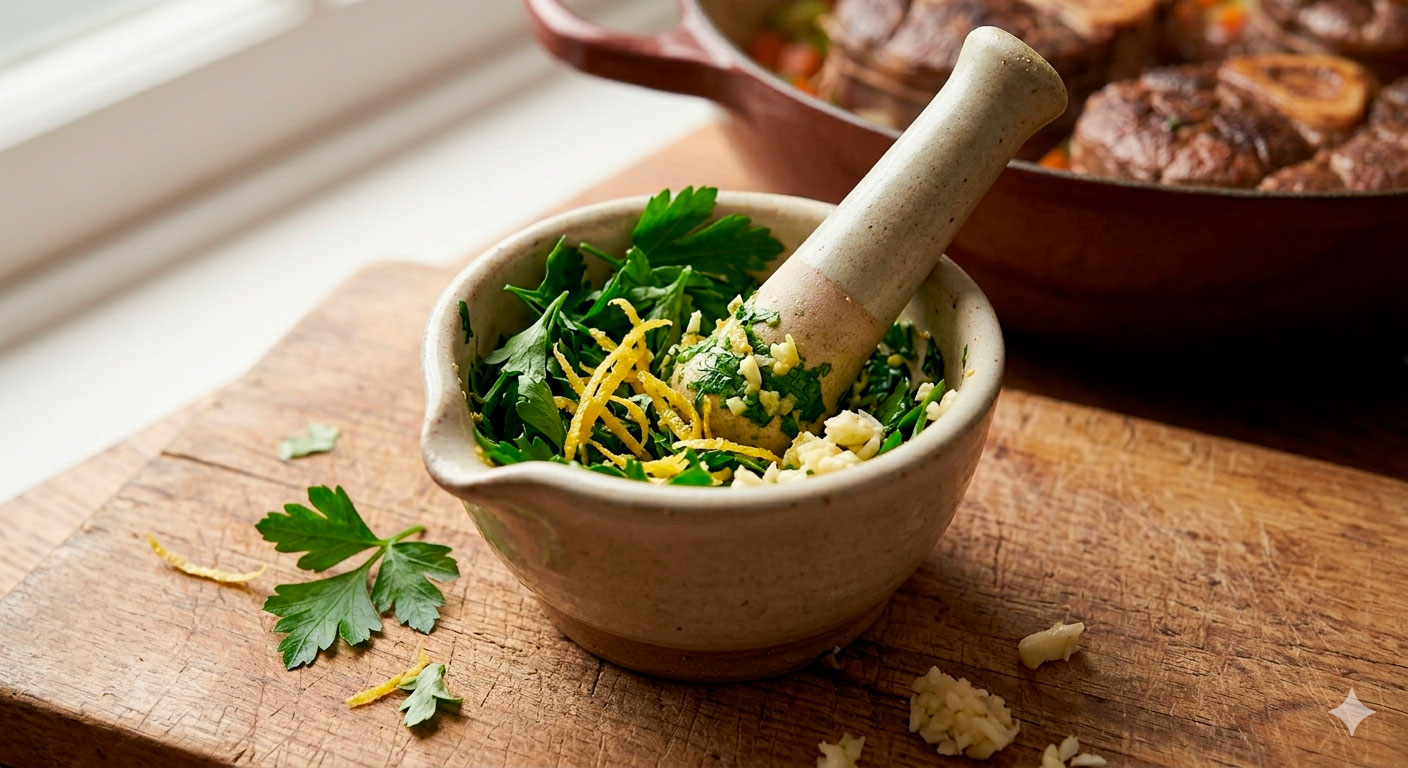 Preparando gremolata fresca de perejil, limón y ajo para coronar el ossobuco
