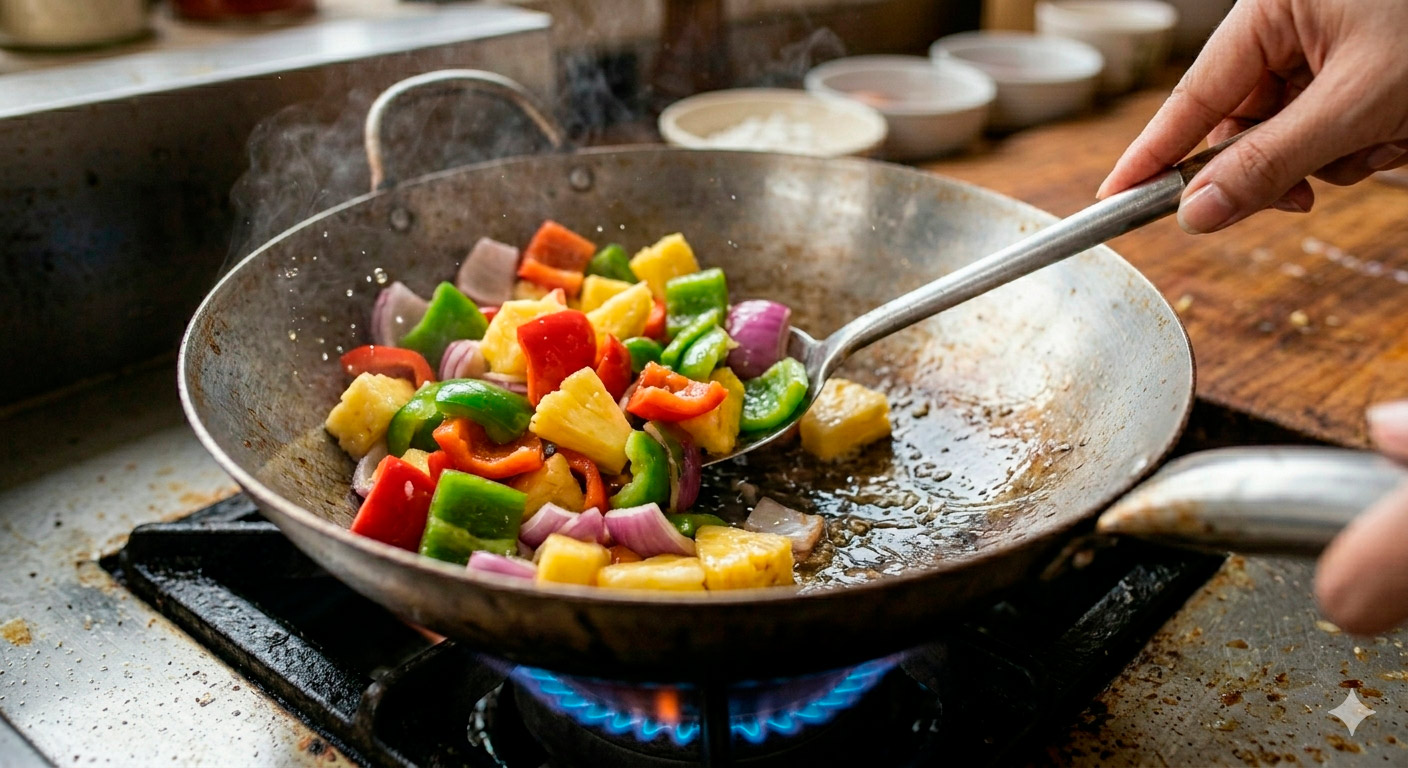 Salteado rápido de pimientos y piña en wok para pollo agridulce irresistible
