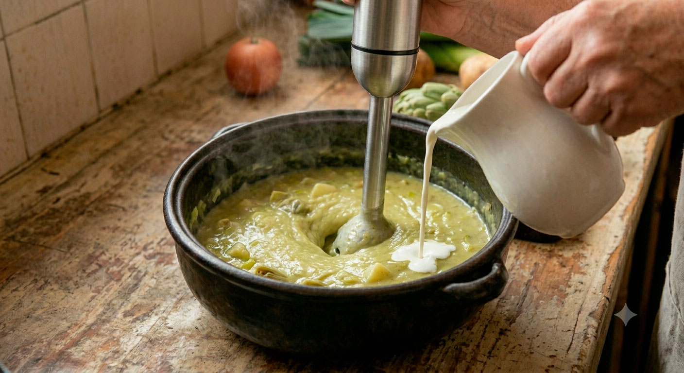 Crema de Alcachofa Cremosa en fase de triturado y emulsión con nata para cocinar