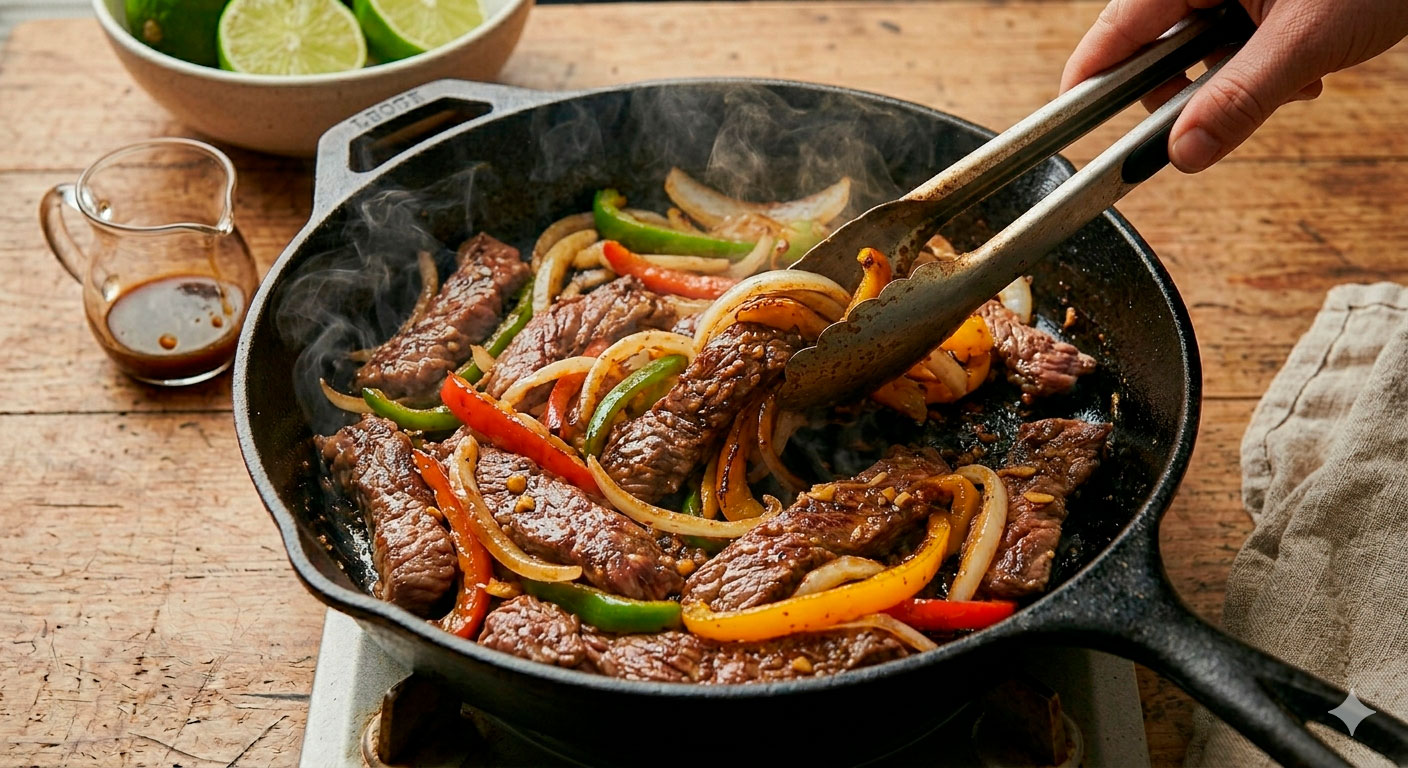 Fajitas de res con salsa inglesa y pimientos reunidos en sartén en la etapa final de cocción