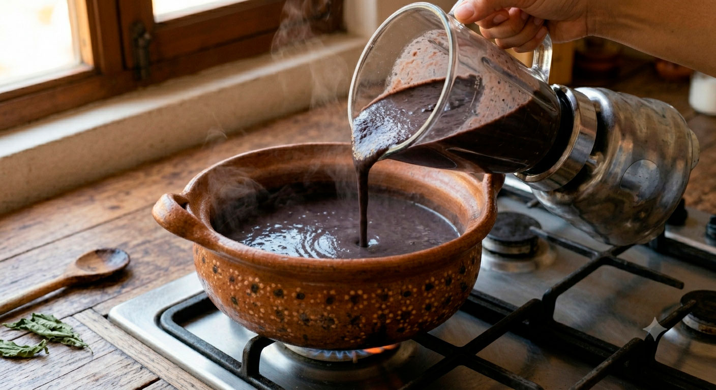 vertiendo crema de frijol negro procesada de regreso a la olla de barro