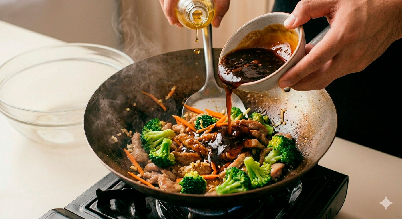 Vertiendo salsa de ostra sobre cerdo y brócoli en wok caliente, fase final de cocción