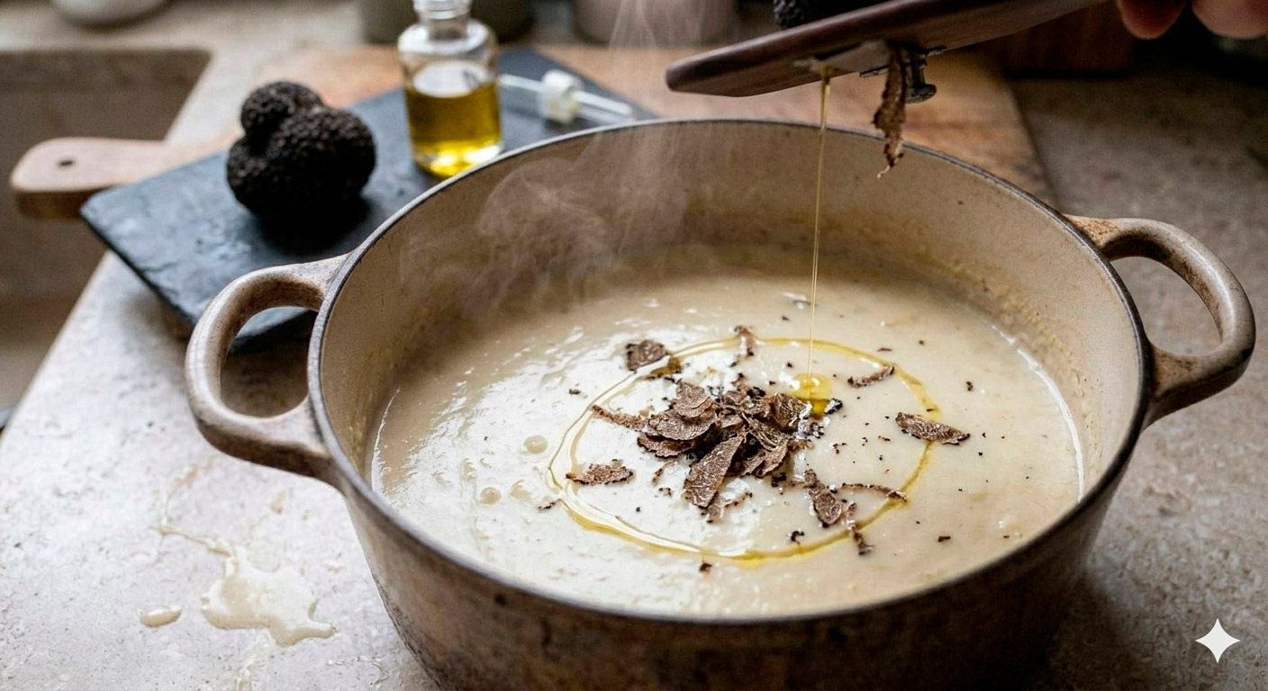 Adición de esencia de trufa blanca a la crema de espárragos blancos para potenciar el aroma