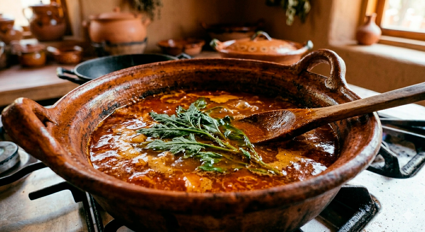 Caldo de jitomate con epazote hirviendo en olla para sopa de tortilla tradicional casera