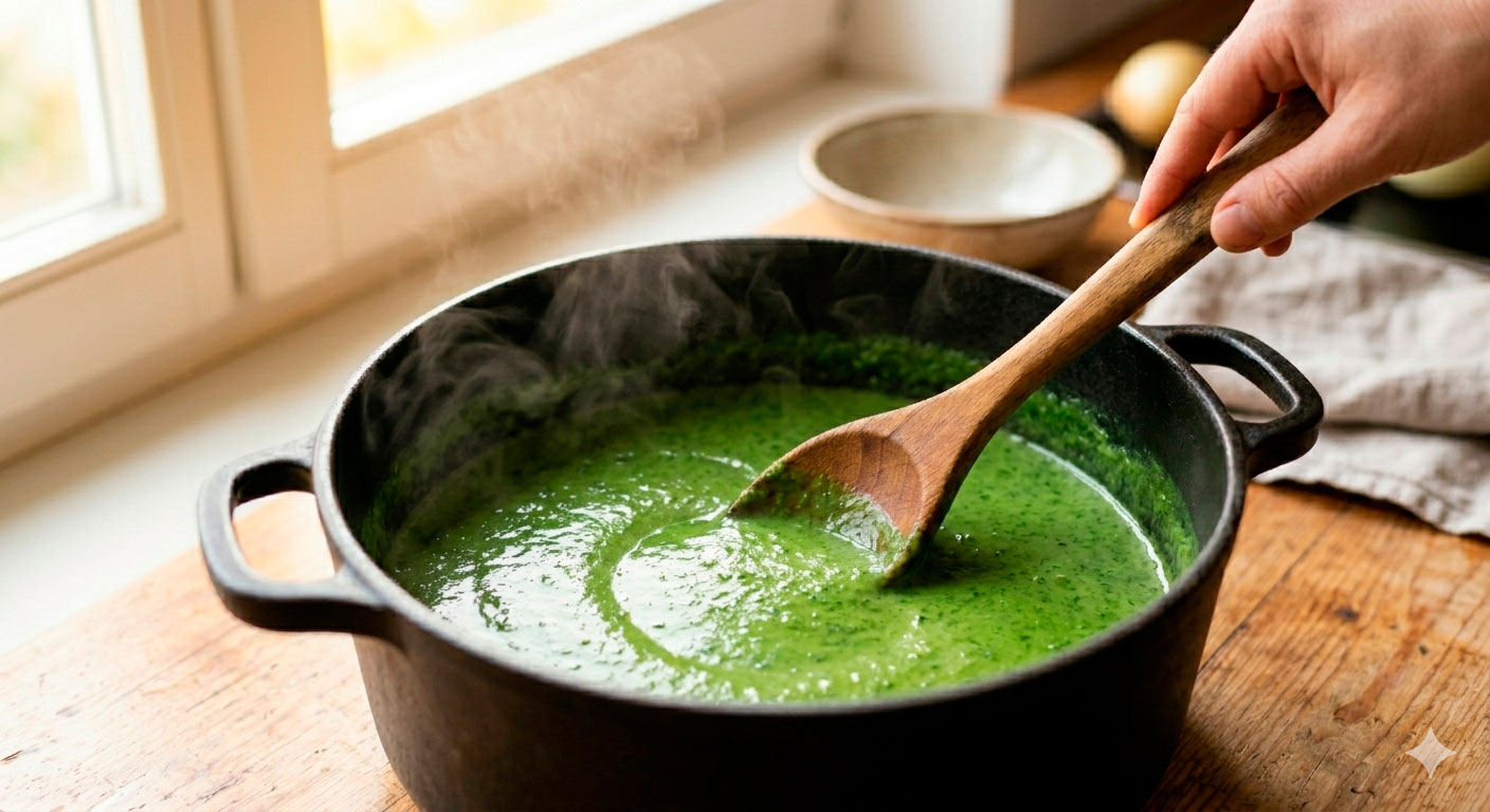 Crema de cilantro irresistible con tropezones de nuez en fase final de cocción, textura sedosa