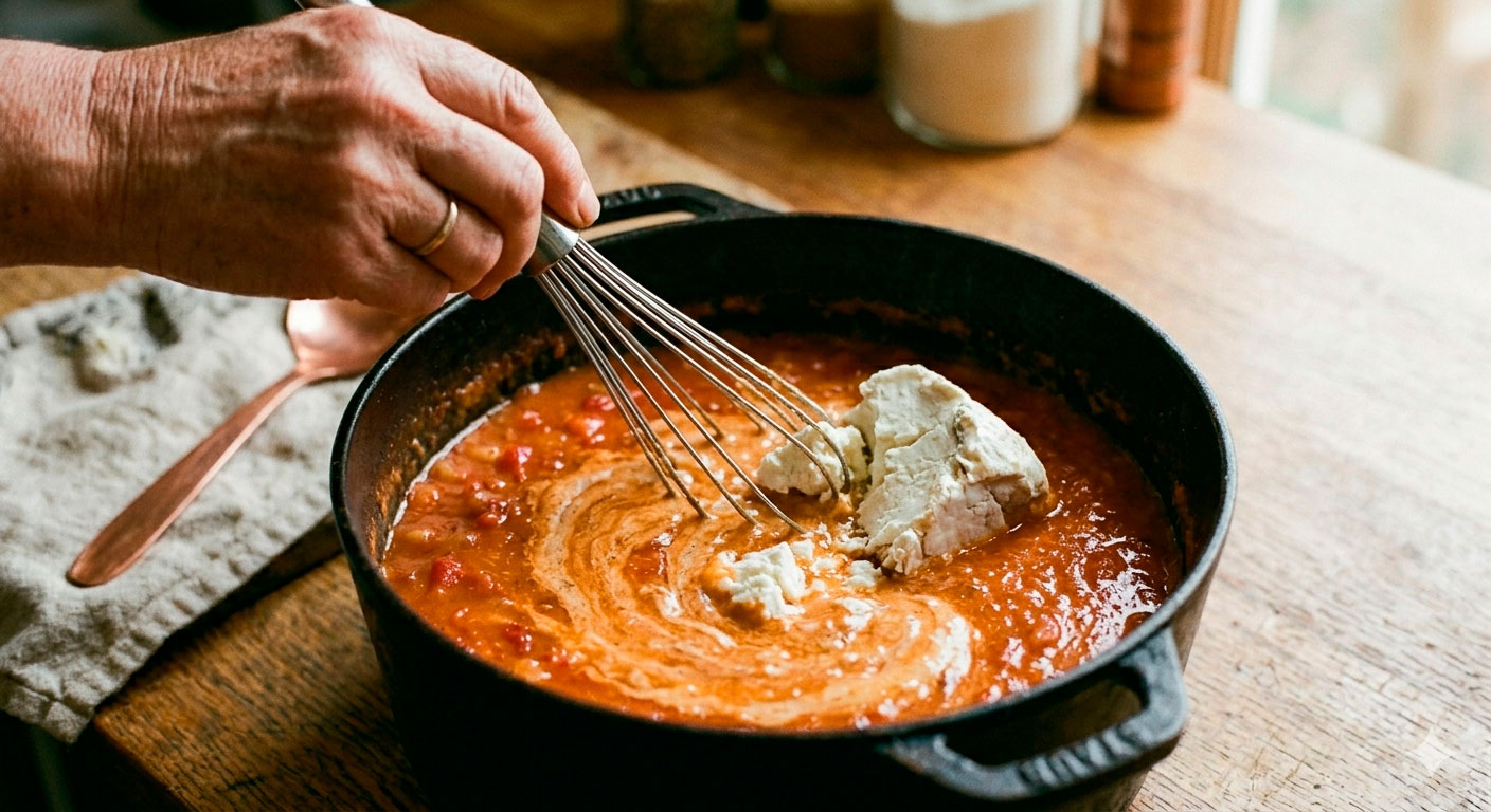 Emulsionando la crema con queso de cabra