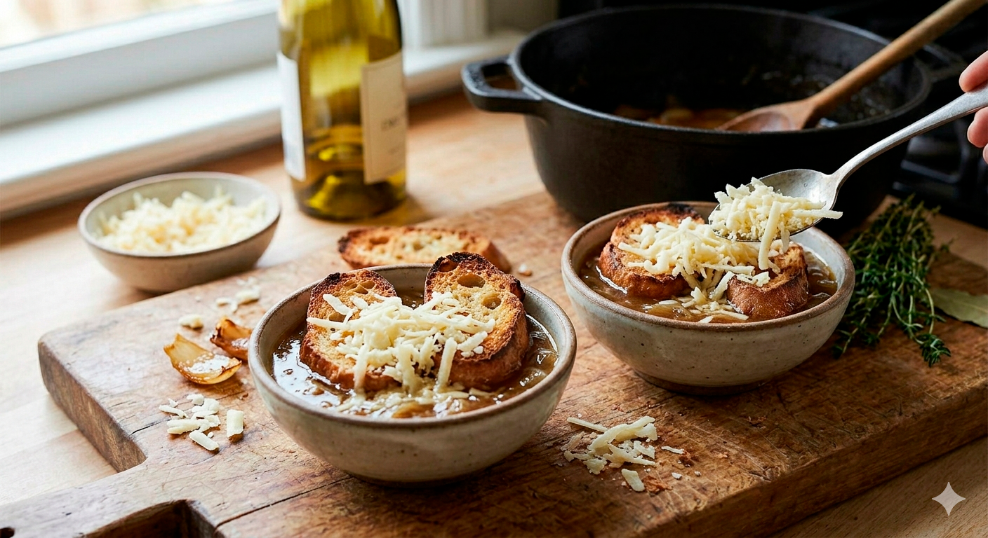 Ensamblaje final de sopa de cebolla francesa con queso Gruyère antes del gratinado
