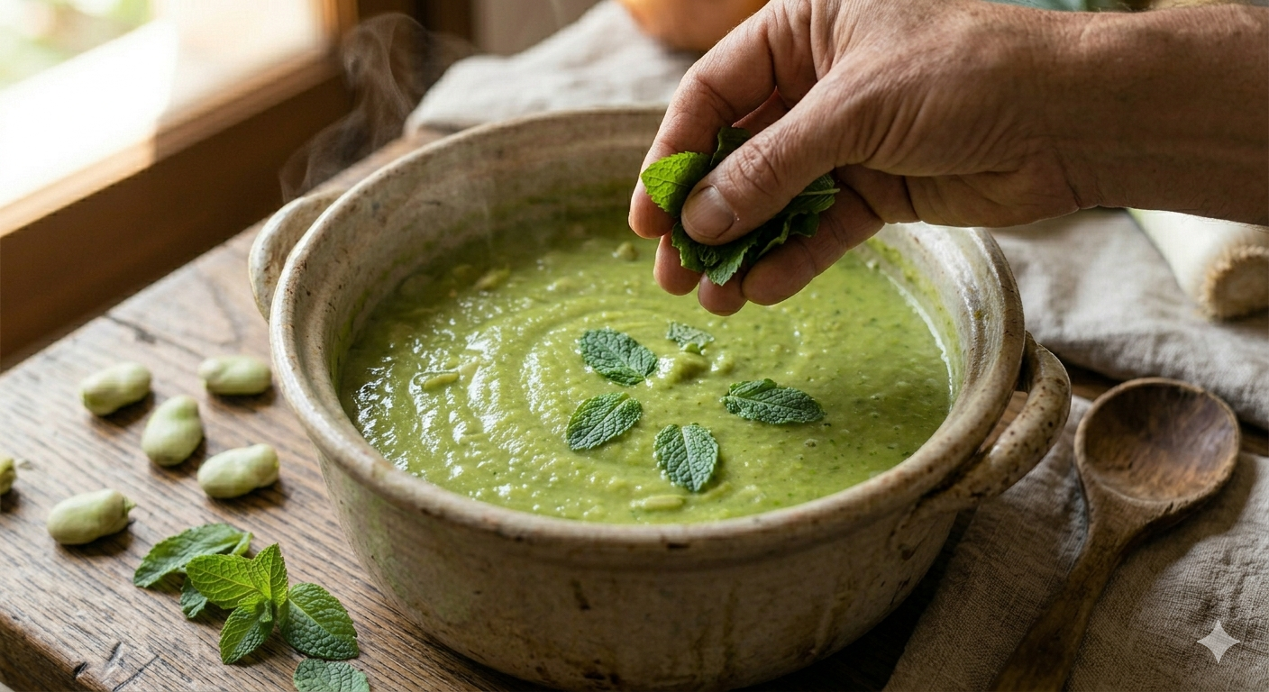 Infusión de menta fresca en la sopa de habas tiernas, fase final antes de triturar