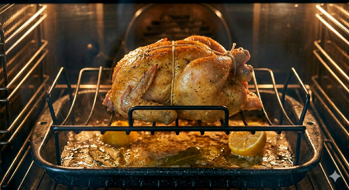 Pollo asado con mantequilla de hierbas en el horno, en fase final de cocción con piel dorada